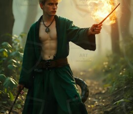 AI-generated wizards of the serpent house handsome shirtless mages of the wizard academy conjuring demonic snakes in dark cinematic UHD fantasy art.