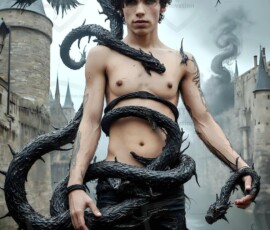 AI-generated wizards of the serpent house — handsome shirtless mages of the wizard academy conjuring demonic snakes in dark cinematic UHD fantasy art.