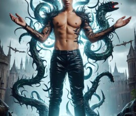 AI-generated wizards of the serpent house — handsome shirtless mages of the wizard academy conjuring demonic snakes in dark cinematic UHD fantasy art.