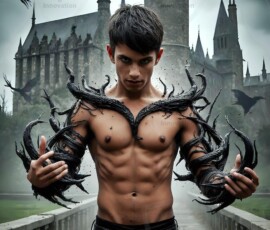 AI-generated wizards of the serpent house — handsome shirtless mages of the wizard academy conjuring demonic snakes in dark cinematic UHD fantasy art.