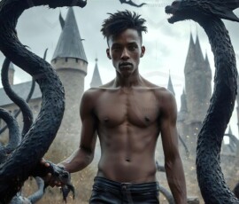 AI-generated wizards of the serpent house — handsome shirtless mages of the wizard academy conjuring demonic snakes in dark cinematic UHD fantasy art.