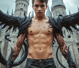AI-generated wizards of the serpent house — handsome shirtless mages of the wizard academy conjuring demonic snakes in dark cinematic UHD fantasy art.