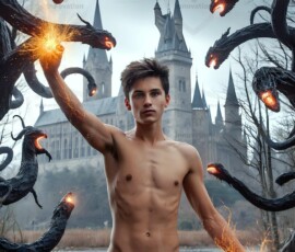 AI-generated wizards of the serpent house — handsome shirtless mages of the wizard academy conjuring demonic snakes in dark cinematic UHD fantasy art.