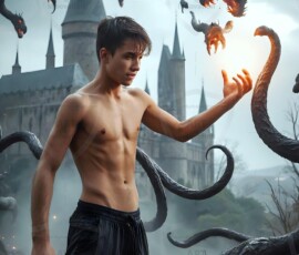 AI-generated wizards of the serpent house — handsome shirtless mages of the wizard academy conjuring demonic snakes in dark cinematic UHD fantasy art.