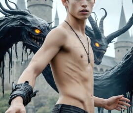 AI-generated wizards of the serpent house — handsome shirtless mages of the wizard academy conjuring demonic snakes in dark cinematic UHD fantasy art.
