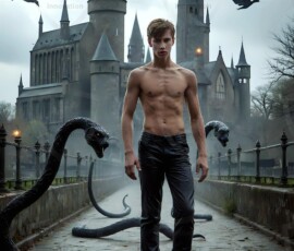 AI-generated wizards of the serpent house — handsome shirtless mages of the wizard academy conjuring demonic snakes in dark cinematic UHD fantasy art.
