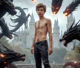 AI-generated wizards of the serpent house — handsome shirtless mages of the wizard academy conjuring demonic snakes in dark cinematic UHD fantasy art.