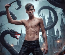 AI-generated wizards of the serpent house — handsome shirtless mages of the wizard academy conjuring demonic snakes in dark cinematic UHD fantasy art.