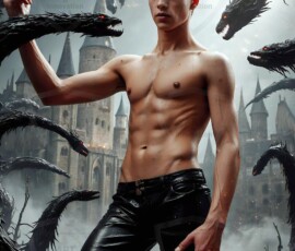 AI-generated wizards of the serpent house — handsome shirtless mages of the wizard academy conjuring demonic snakes in dark cinematic UHD fantasy art.