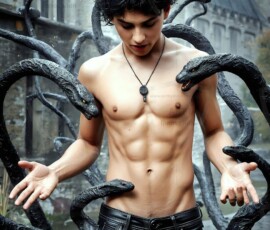 AI-generated wizards of the serpent house — handsome shirtless mages of the wizard academy conjuring demonic snakes in dark cinematic UHD fantasy art.