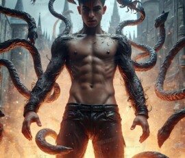 AI-generated wizards of the serpent house — handsome shirtless mages of the wizard academy conjuring demonic snakes in dark cinematic UHD fantasy art.