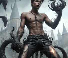 AI-generated wizards of the serpent house — handsome shirtless mages of the wizard academy conjuring demonic snakes in dark cinematic UHD fantasy art.