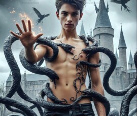 AI-generated wizards of the serpent house — handsome shirtless mages of the wizard academy conjuring demonic snakes in dark cinematic UHD fantasy art.