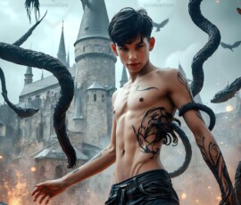 AI-generated wizards of the serpent house — handsome shirtless mages of the wizard academy conjuring demonic snakes in dark cinematic UHD fantasy art.