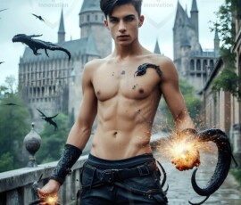 AI-generated wizards of the serpent house — handsome shirtless mages of the wizard academy conjuring demonic snakes in dark cinematic UHD fantasy art.