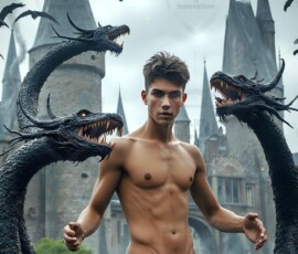 AI-generated wizards of the serpent house — handsome shirtless mages of the wizard academy conjuring demonic snakes in dark cinematic UHD fantasy art.