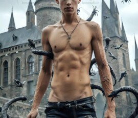 AI-generated wizards of the serpent house — handsome shirtless mages of the wizard academy conjuring demonic snakes in dark cinematic UHD fantasy art.