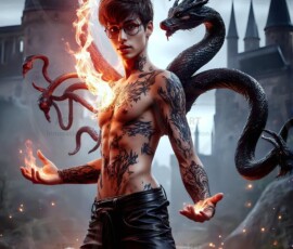 AI-generated wizards of the serpent house — handsome shirtless mages of the wizard academy conjuring demonic snakes in dark cinematic UHD fantasy art.