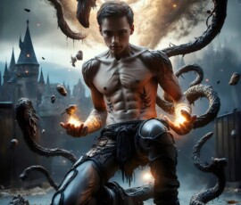AI-generated wizards of the serpent house — handsome shirtless mages of the wizard academy conjuring demonic snakes in dark cinematic UHD fantasy art.