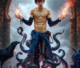 AI-generated wizards of the serpent house — handsome shirtless mages of the wizard academy conjuring demonic snakes in dark cinematic UHD fantasy art.