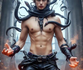 AI-generated wizards of the serpent house — handsome shirtless mages of the wizard academy conjuring demonic snakes in dark cinematic UHD fantasy art.
