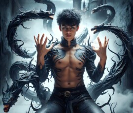 AI-generated wizards of the serpent house — handsome shirtless mages of the wizard academy conjuring demonic snakes in dark cinematic UHD fantasy art.