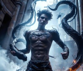 AI-generated wizards of the serpent house — handsome shirtless mages of the wizard academy conjuring demonic snakes in dark cinematic UHD fantasy art.