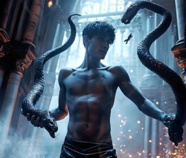 AI-generated wizards of the serpent house — handsome shirtless mages of the wizard academy conjuring demonic snakes in dark cinematic UHD fantasy art.