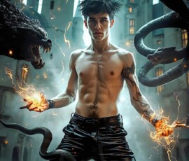 AI-generated wizards of the serpent house — handsome shirtless mages of the wizard academy conjuring demonic snakes in dark cinematic UHD fantasy art.