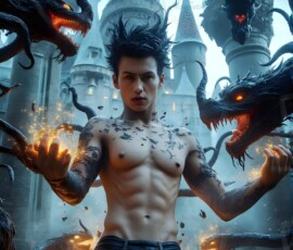 AI-generated wizards of the serpent house — handsome shirtless mages of the wizard academy conjuring demonic snakes in dark cinematic UHD fantasy art.