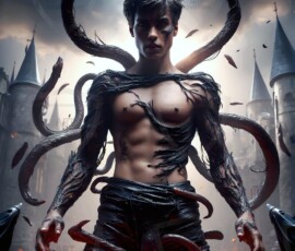 AI-generated wizards of the serpent house — handsome shirtless mages of the wizard academy conjuring demonic snakes in dark cinematic UHD fantasy art.