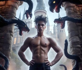 AI-generated wizards of the serpent house — handsome shirtless mages of the wizard academy conjuring demonic snakes in dark cinematic UHD fantasy art.