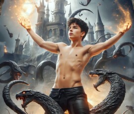 AI-generated wizards of the serpent house — handsome shirtless mages of the wizard academy conjuring demonic snakes in dark cinematic UHD fantasy art.