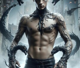 AI-generated wizards of the serpent house — handsome shirtless mages of the wizard academy conjuring demonic snakes in dark cinematic UHD fantasy art.