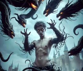 AI-generated wizards of the serpent house — handsome shirtless mages of the wizard academy conjuring demonic snakes in dark cinematic UHD fantasy art.