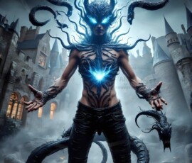 AI-generated wizards of the serpent house — handsome shirtless mages of the wizard academy conjuring demonic snakes in dark cinematic UHD fantasy art.
