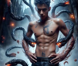 AI-generated wizards of the serpent house — handsome shirtless mages of the wizard academy conjuring demonic snakes in dark cinematic UHD fantasy art.