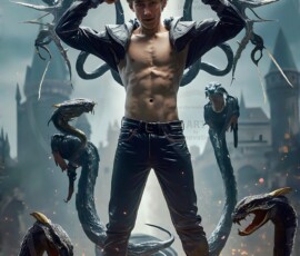 AI-generated wizards of the serpent house — handsome shirtless mages of the wizard academy conjuring demonic snakes in dark cinematic UHD fantasy art.