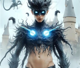 AI-generated wizards of the serpent house — handsome shirtless mages of the wizard academy conjuring demonic snakes in dark cinematic UHD fantasy art.