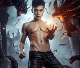 AI-generated wizards of the serpent house — handsome shirtless mages of the wizard academy conjuring demonic snakes in dark cinematic UHD fantasy art.