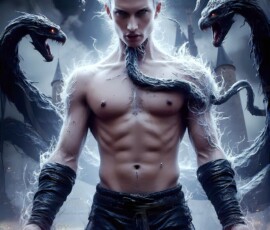 AI-generated wizards of the serpent house — handsome shirtless mages of the wizard academy conjuring demonic snakes in dark cinematic UHD fantasy art.