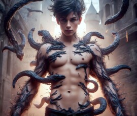 AI-generated wizards of the serpent house — handsome shirtless mages of the wizard academy conjuring demonic snakes in dark cinematic UHD fantasy art.