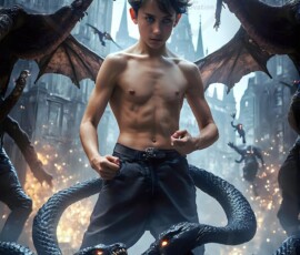 AI-generated wizards of the serpent house — handsome shirtless mages of the wizard academy conjuring demonic snakes in dark cinematic UHD fantasy art.