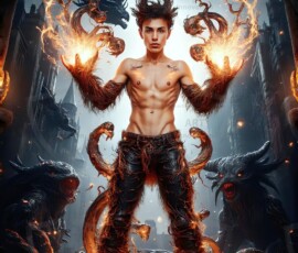 AI-generated wizards of the serpent house — handsome shirtless mages of the wizard academy conjuring demonic snakes in dark cinematic UHD fantasy art.