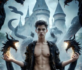 AI-generated wizards of the serpent house — handsome shirtless mages of the wizard academy conjuring demonic snakes in dark cinematic UHD fantasy art.