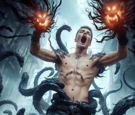 AI-generated wizards of the serpent house — handsome shirtless mages of the wizard academy conjuring demonic snakes in dark cinematic UHD fantasy art.