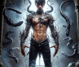 AI-generated wizards of the serpent house — handsome shirtless mages of the wizard academy conjuring demonic snakes in dark cinematic UHD fantasy art.