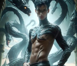 AI-generated wizards of the serpent house — handsome shirtless mages of the wizard academy conjuring demonic snakes in dark cinematic UHD fantasy art.