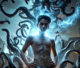 AI-generated wizards of the serpent house — handsome shirtless mages of the wizard academy conjuring demonic snakes in dark cinematic UHD fantasy art.