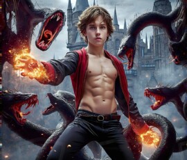 AI-generated wizards of the serpent house — handsome shirtless mages of the wizard academy conjuring demonic snakes in dark cinematic UHD fantasy art.